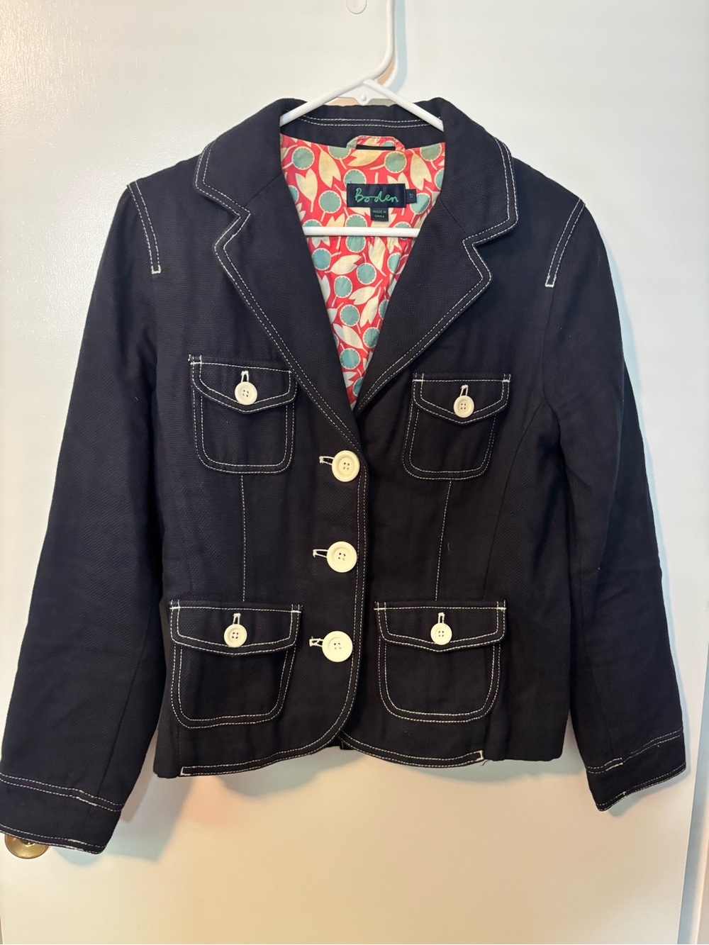 Classic Mobwife Aesthetic Chic Boden Women's Navy Stitch-Detail Blazer